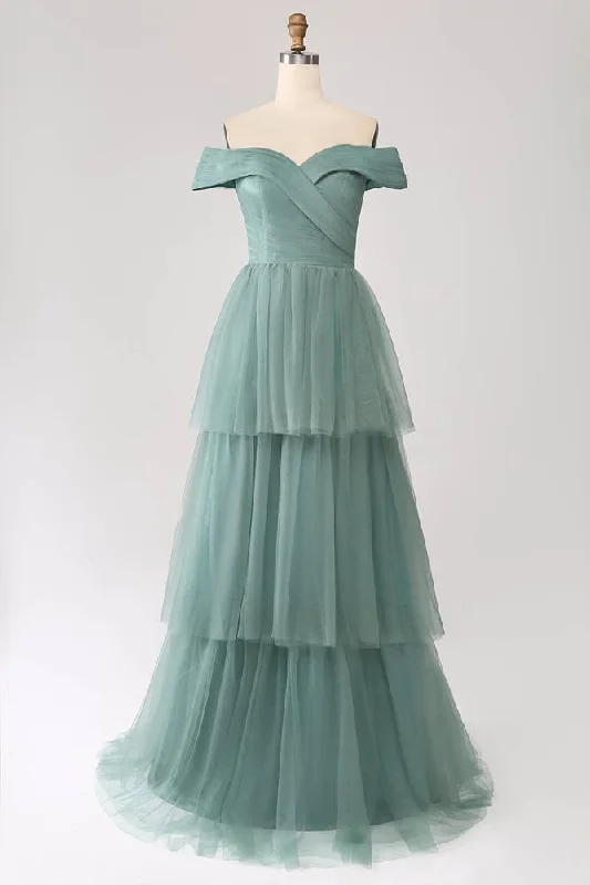 Hurry In Off the Shoulder Dusty Green Layered Tulle Maxi Dress
