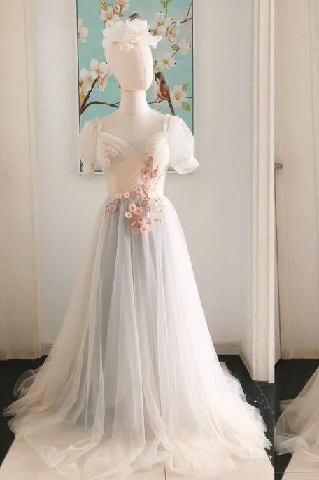 Discount Deals A-Line Short Sleeves Floral Grey Long Prom Dress
