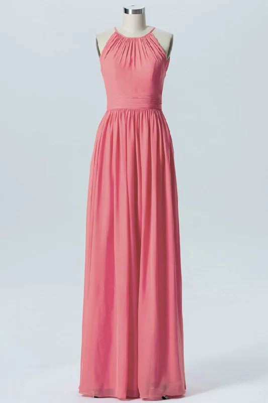 Limited Availability Coral Halter Chiffon Long Bridesmaid Dress