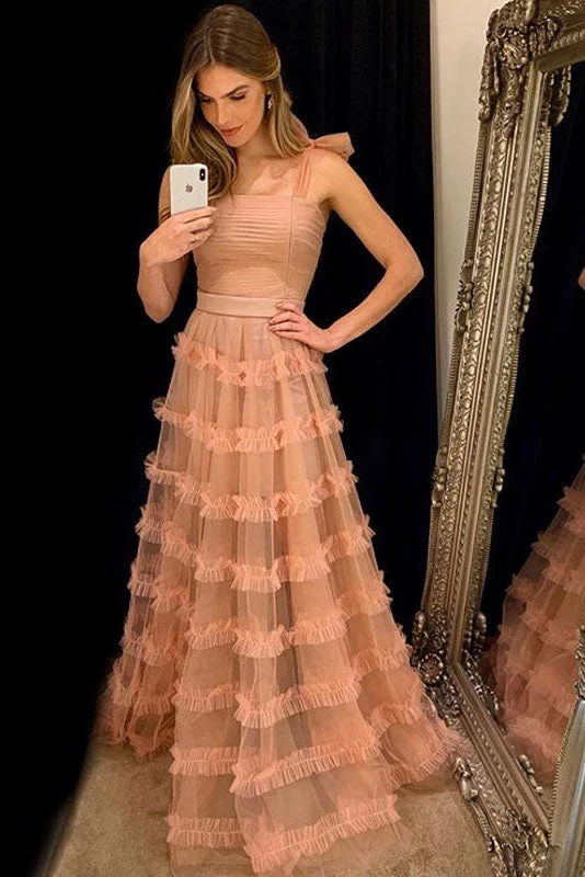 Super Sale Elegant Straps Peach Long Prom Dress with Cascading Ruffles