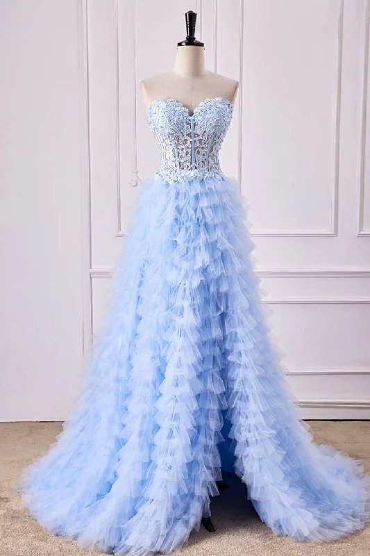 Epic Deals Sweetheart Light Blue Lace Corset Ruffle A-Line Prom Dress