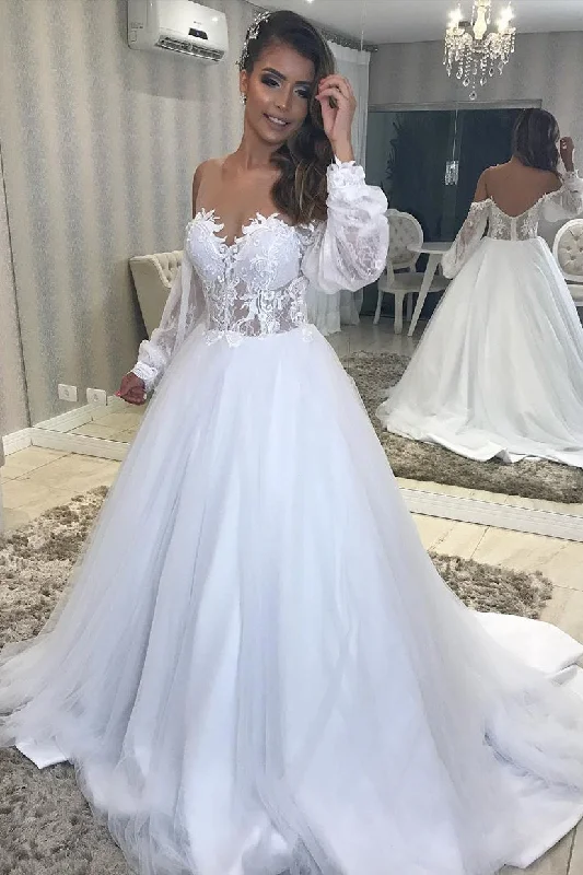 Price Smash Long A-line Off-the-Shoulder White Wedding Dress with Lace