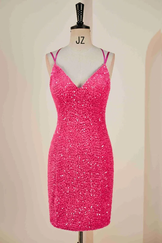 Major Savings Double Straps Hot Pink Sequin Bodycon Homecoming Dress