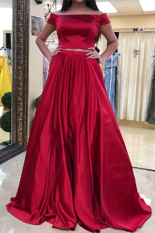 Weekend Deal Two Piece Off the Shoulder Long Red Prom Dress