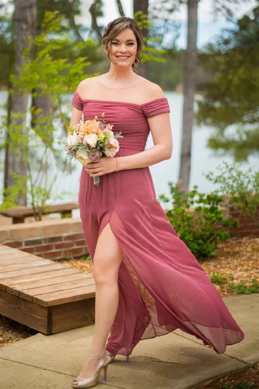 Price Buster Chiffon Off the Shoulder Dusty Rose Pleated Bridesmaid Dress