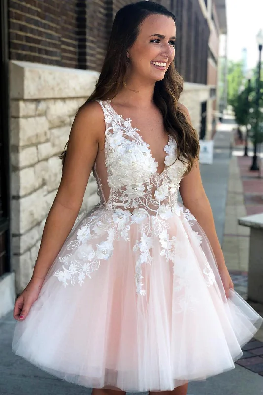 Can't Miss V-Neck Appliques Tulle Pink Homecoming Dress