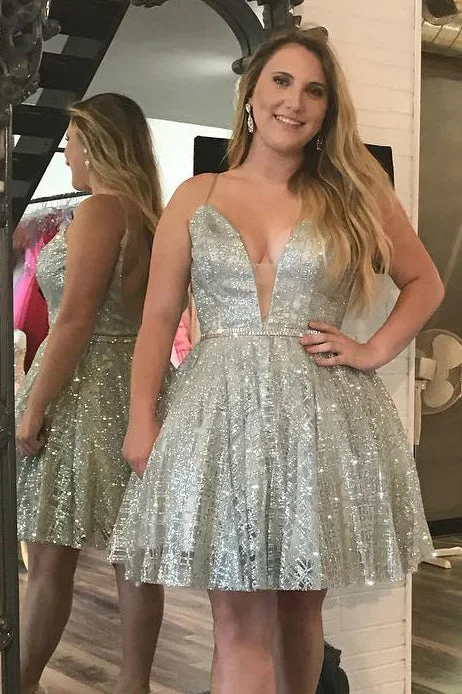 Take Advantage Sparkling Illusion V Silver Homecoming Dress with Beading