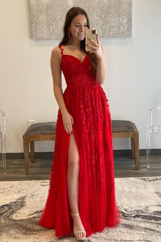 Massive Deals Elegant Red Appliqued Prom Dress with Sheer Lace Bodice