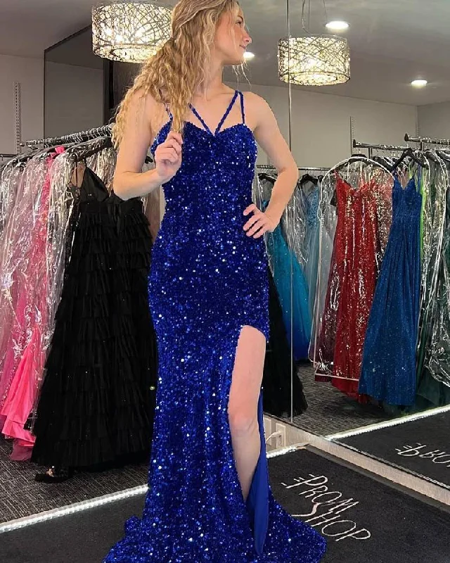 Special Discount Royal Blue Halter Straps Sequins Mermaid Long Prom Dress with Slit