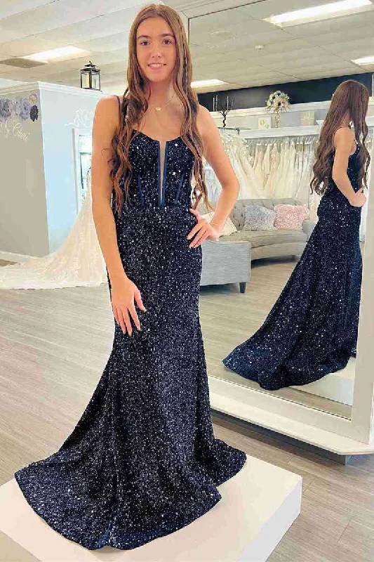 Unbeatable Prices Straps Plunging Neck Navy Sequins Mermaid Prom Dress