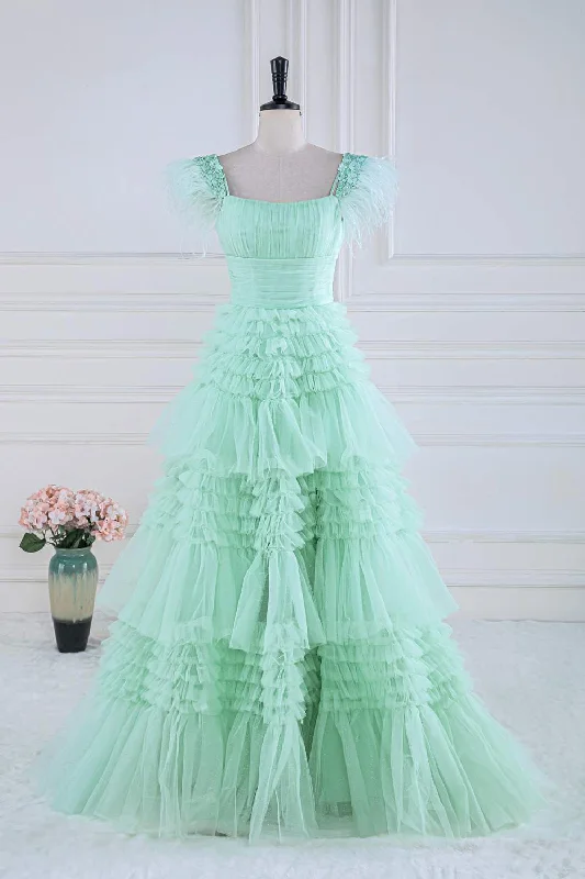 Best Deals Cold Shoulder Feathers Mint Green Layered Tulle Prom Dress