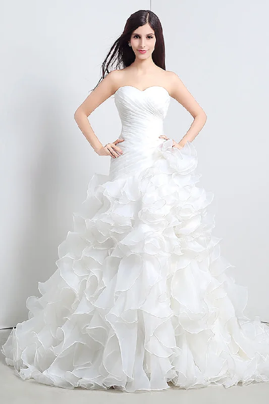 Stock Clearance Princess Long Strapless A-line White Wedding Dress with Ruffles