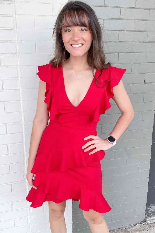 Take Advantage Cute V-Neck Red Homecoming Dress with Ruffles