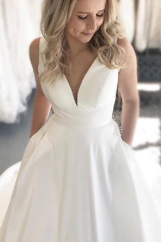 Doorbuster Deal Long Open Back A-line V-Neck White Wedding Dress with Pockets