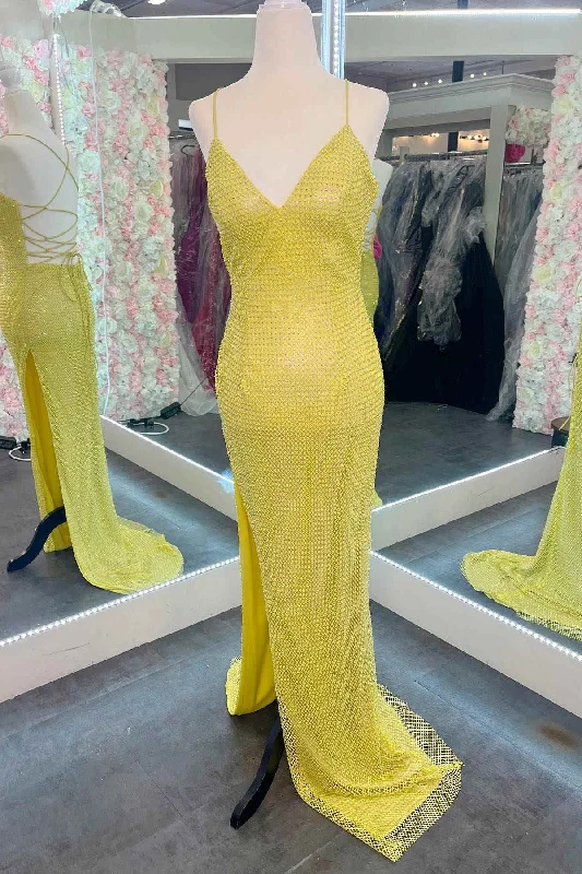 Massive Deals Straps Yellow Rhinestone Grid Slit Long Prom Dress