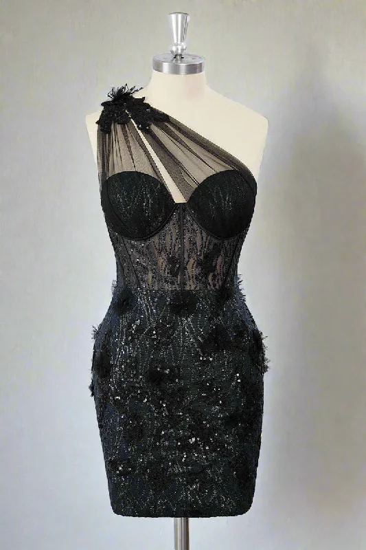 Massive Deals One Shoulder Black Corset Appliques Mini Dress