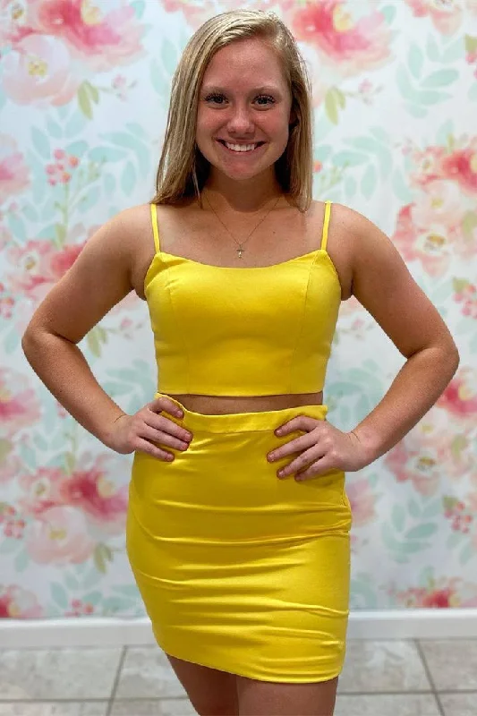 Instant Discount Straps Yellow Satin Two Piece Homecoming Dress