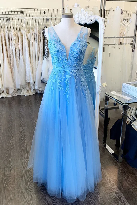 Major Savings A-Line Sky Blue Lace Appliqued Long Prom Dress