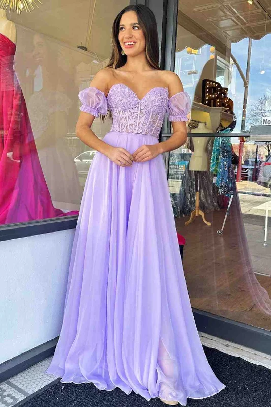 Buy Now Off-Shoulder A-line Chiffon Applique Lace-Up Long Prom Dress