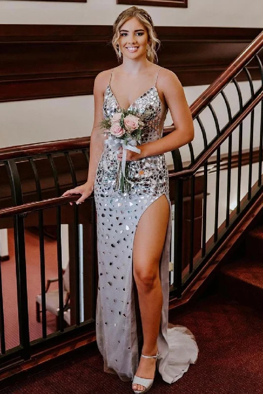 Discount Mania Elegant Silver Sequins Long Prom Dress with High Slit