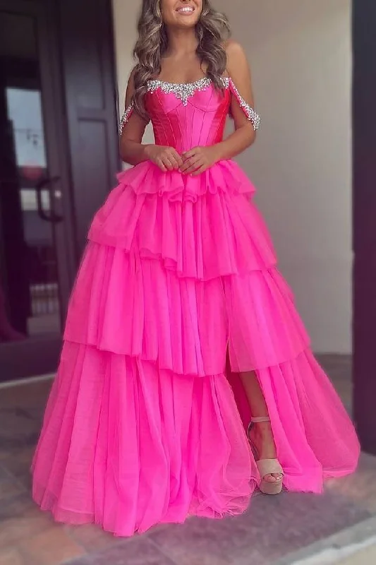 Overstock Hot Pink Beaded Tiered Slit Prom Dress with Off the Shoulder