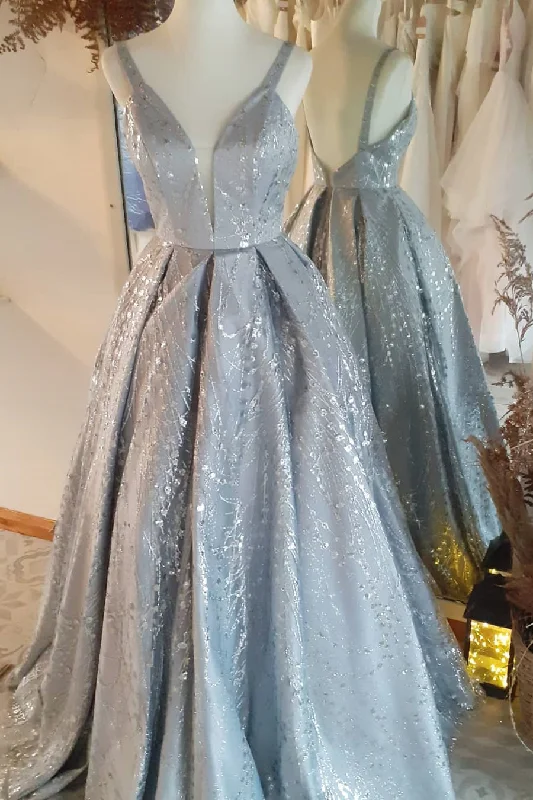 Price Rollback Silver V-Neck Long Prom Dress with Sequins