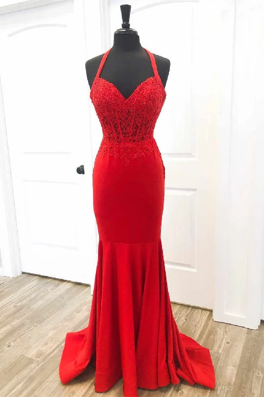 Lowest Price Elegant Red Halter Mermaid Prom Dress with Appliques