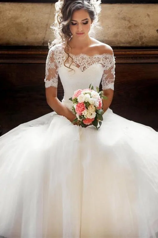 Bonus Savings Long A-line Short Sleeves Ivory Wedding Dress with Lace Top