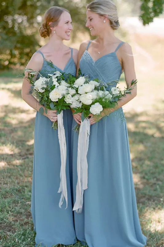 Today's Special A-line Spaghetti Straps Pleated Dusty Blue Long Bridesmaid Dress