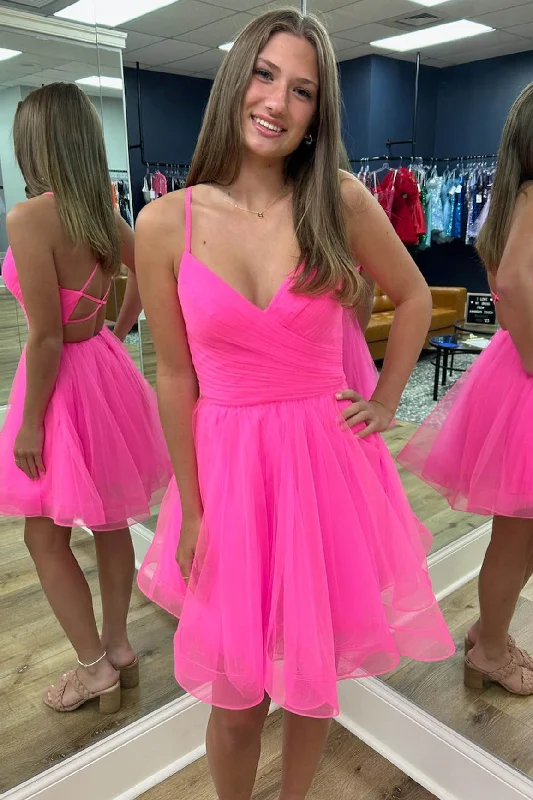 The Best Prices Criss Cross Back Hot Pink Straps A-Line Tulle Homecoming Dress