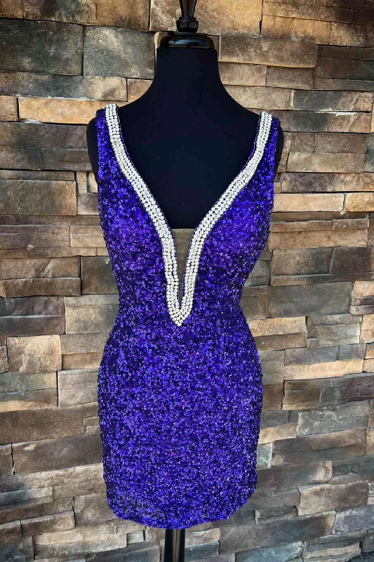 Value Deals Plunging V-Neck Purple Sequins Short Homecoming Dress with Rhinestones