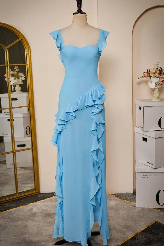 Grand Opening Sale Elegant Blue Ruffle Slit Chiffon Long Bridesmaid Dress