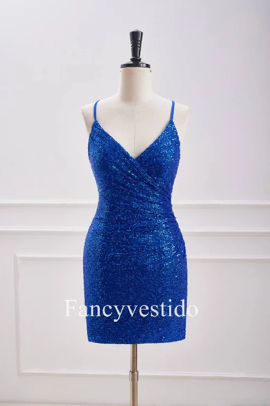 Discount Days V-Neck Straps Royal Blue Sequin Ruched Homecoming Dress