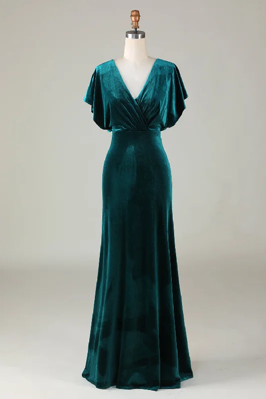 Blowout Sale V-Neck Peacock Green Ruffle Sleeves Vlevet Bridesmaid Dress