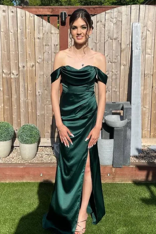 Price Break Off the Shoulder Dark Green Long Bridesmaid Dress with Slit