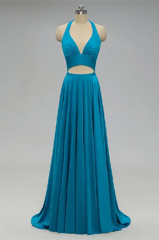 Super Sale Elegant Halter Blue Long Bridesmaid Dress