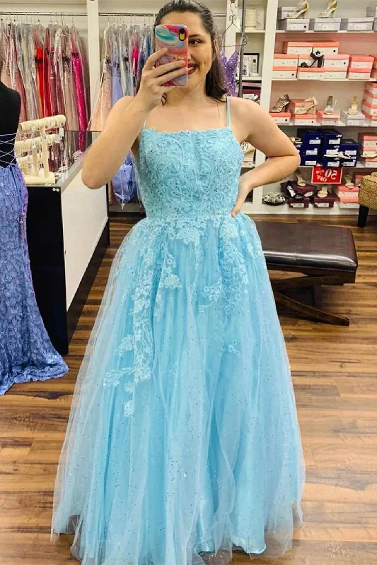 Exclusive Deal A-Line Straps Light Blue Long Prom Dress with Appliques
