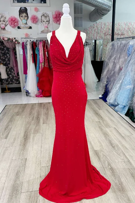 Extra Savings Cowl Neck Red Beaded Mermaid Long Prom Dress