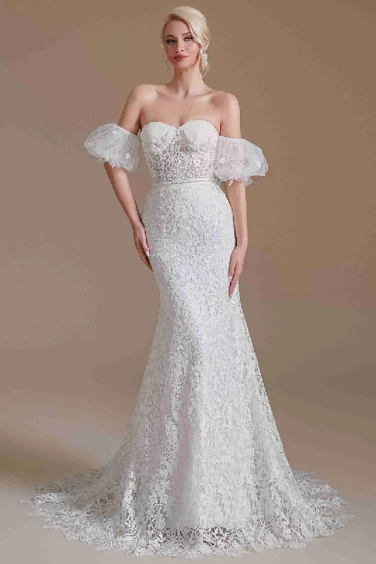 Best Bargains Sweetheart White Lace Mermaid Wedding Dress with Detachable Sleeves