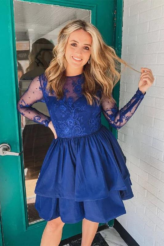 Don't Miss Cute Royal Blue Lace Short Party Dress with Illusion Sleeves