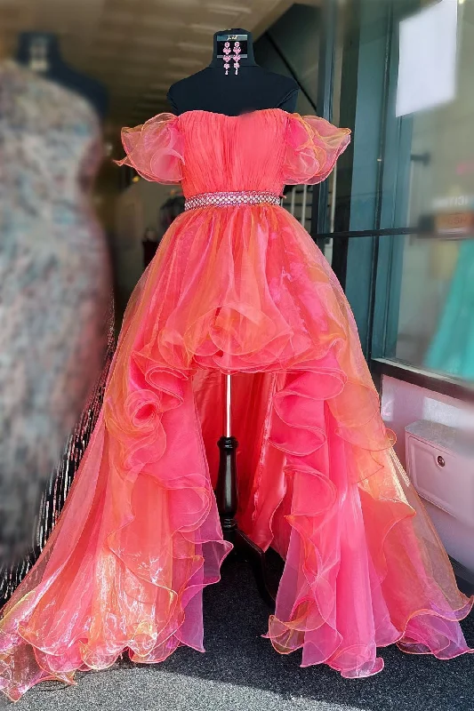 Unbeatable Prices Coral Off-the-Shoulder Organza Ruffle Hi-Low Prom Dress
