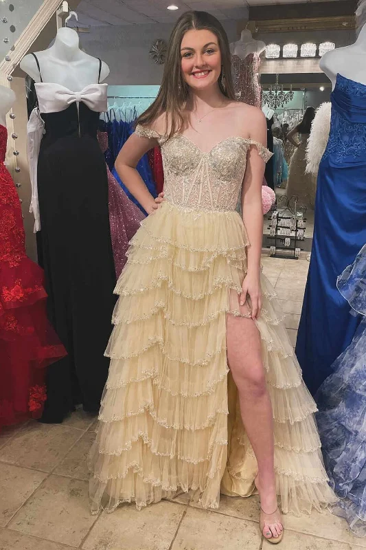 Seasonal Sale Off the Shoulder Champagne Sequin Ruffle Prom Dress with Slit