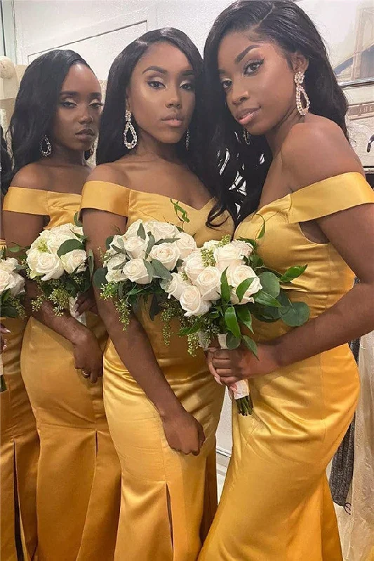 Don’t Miss Out Mermaid Off-the-Shoulder Long Yellow Bridesmaid Dress with Slit