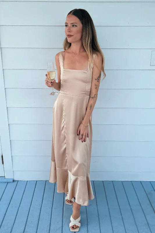 Super Sale Square Neck Champagne Bridesmaid Dress with Front Slit