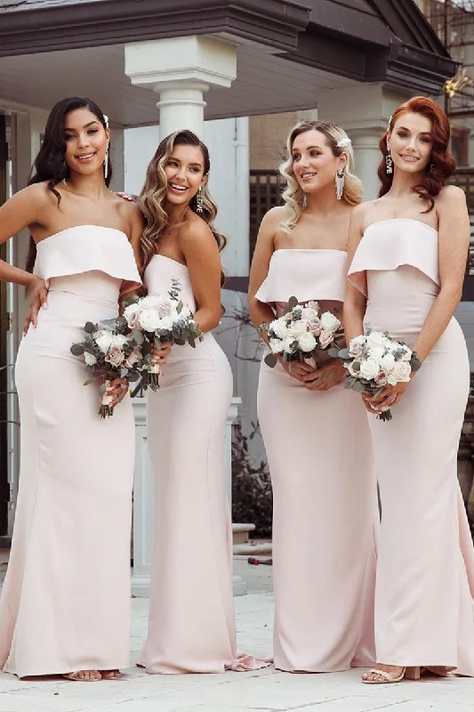 Exclusive Deal Mermaid Floor-Length Strapless Pink Bridesmaid Dresses with Train