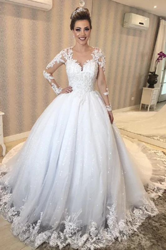 Weekend Special Princess Long Sleeves Sheer Back White Wedding Dress with Lace
