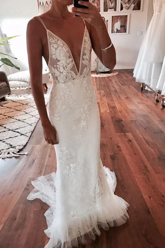 Low Prices Long Deep V-Neck Mermaid White Wedding Dress with Lace