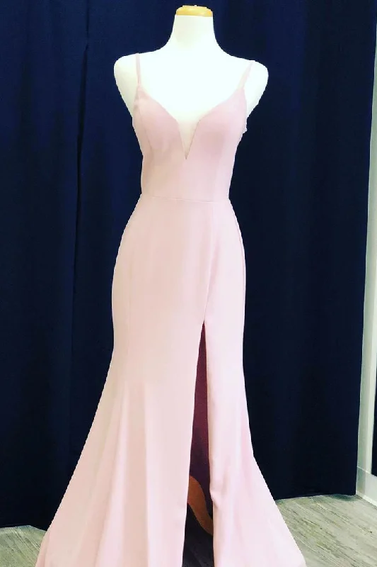 Online Specials Elegant Lace-up Back V Neck Mermaid Pink Long Prom Dress