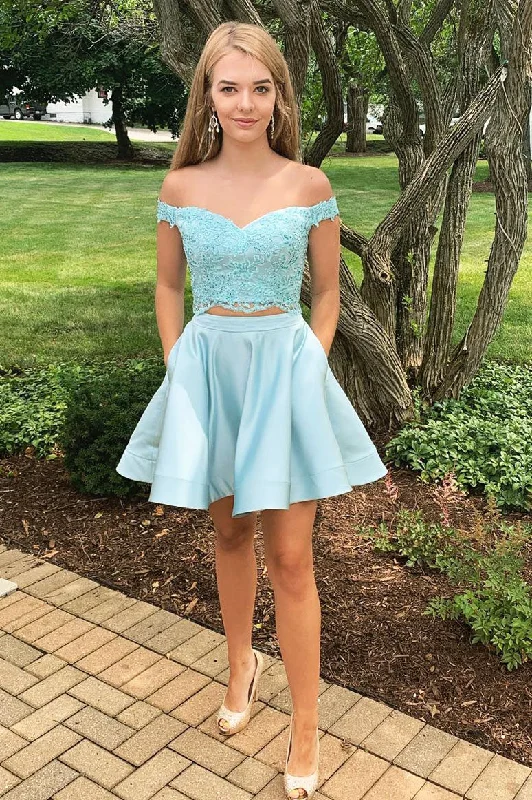 Deal of the Day Off Shoulder Two Piece Homecoming Dress with Lace Top