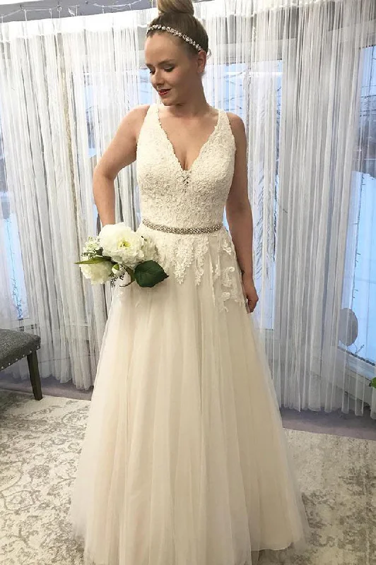 Extra Savings Princess Long V-Neck A-line Ivory Wedding Dress with Beads